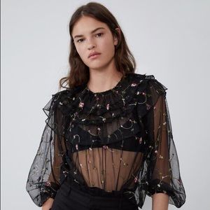 ZARA Sheer Floral Top (Black) NEW